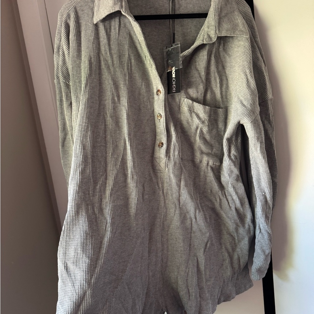 Fashion Nova Gray Textured Button-Up Romper